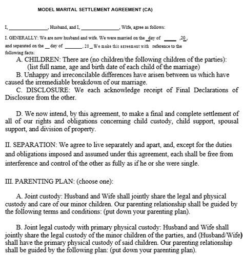 Free Marital Settlement Agreement Templates MS Word Best Collections