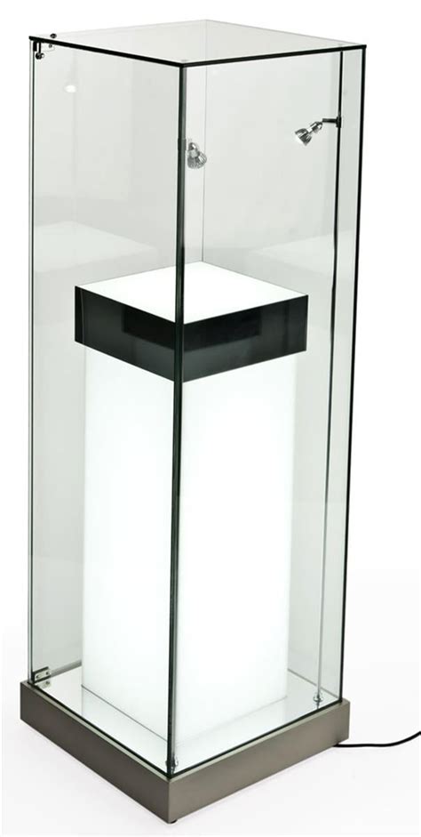 glass display cabinet with 36 led illuminated pedestal locking door and 2 spotlights mdf base