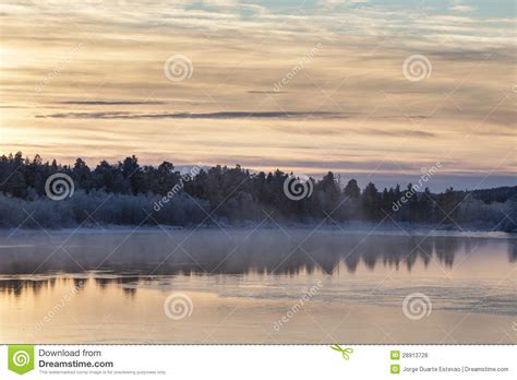 Vibrant Sunset In A Lake Nearby Inari Finland Stock Photo Image Of