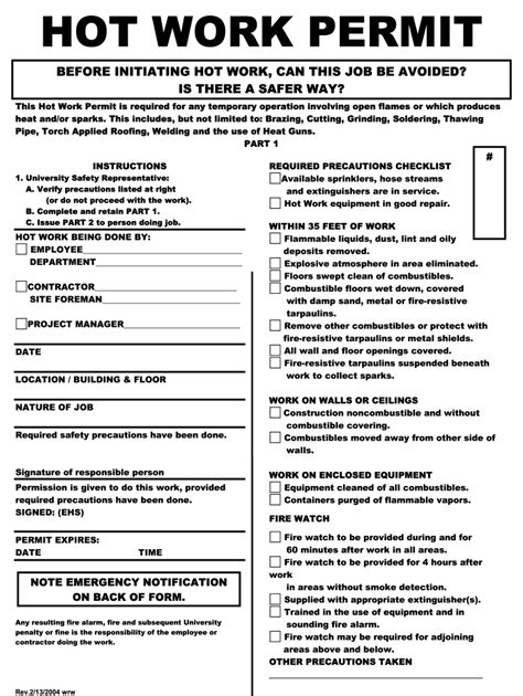 Hot Work Permit Form Fill Out And Sign Online Dochub