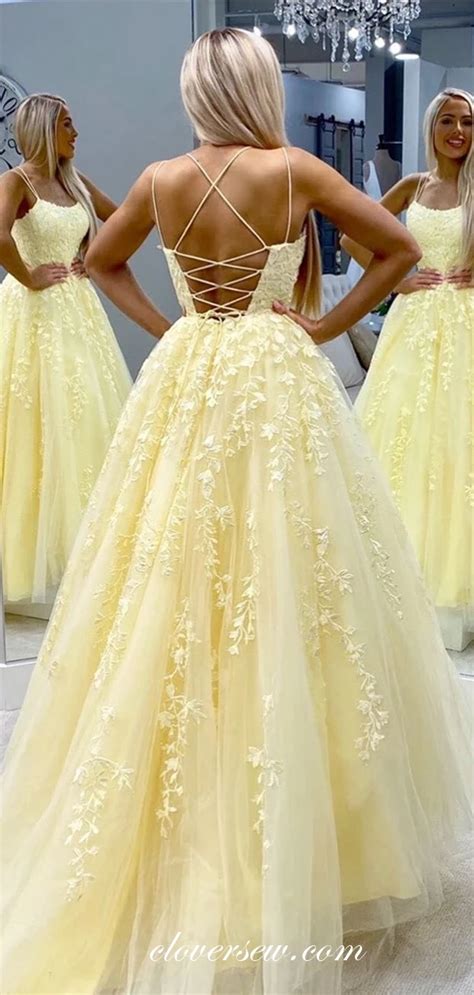 Pastel Yellow Lace Applique Spaghetti Strap Lace Up Back Prom Dresses Clover Sew Champagne