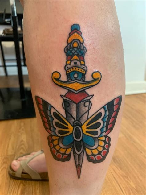 Traditional Dagger And Butterfly By Bubba Underwood Portland Tattoos