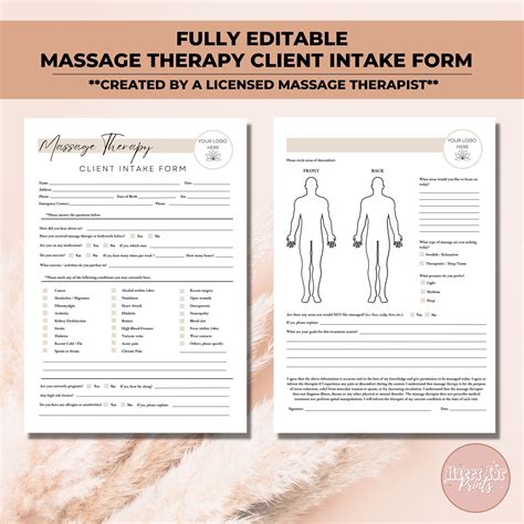 Massage Client Intake And Consent Forms Editable Client Intake Form Massage Therapist Forms