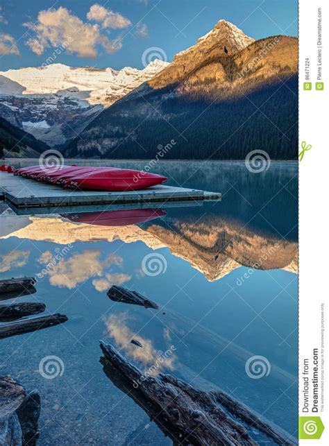 Lake Louise Canoes At Sunrise Stock Photo Image Of Park Morning