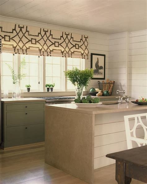 Fretwork Roman Shade Green And Cream Kitchen White Plank Ceiling 