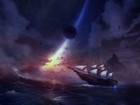 Fantasy Art Ship Ocean Sky Stars Sunset Wallpapers Hd Desktop