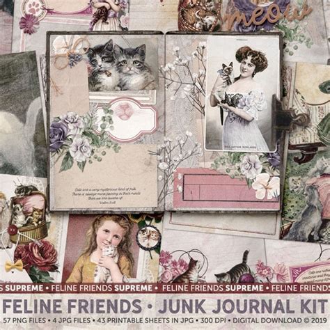 Cats Junk Journal Kit Printable Digital Kit Ephemera Pack Etsy