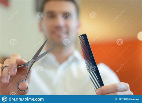 Male Barber Holding Comb And Scissors Stock Image Image Of Blade
