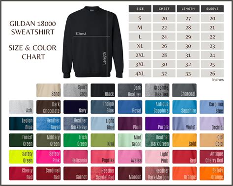 Gildan 18000 Size Chart And Color Chart Gildan Size Chart Etsy All In