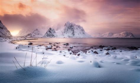 Lofoten Winter Norway Reflection Snow Nature Landscape Wallpaper