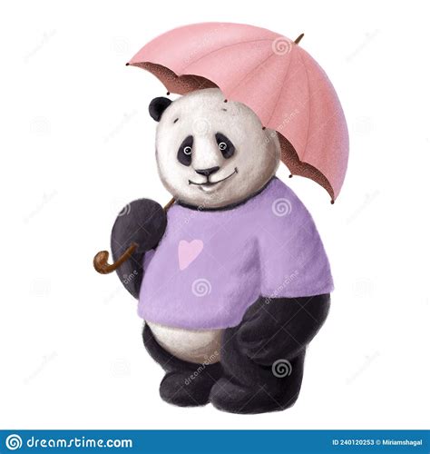 Panda Under Umbrella Portrait Pencils Illustration Animal Clipart