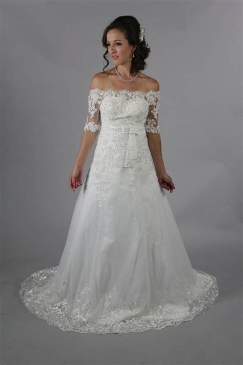 Off Shoulder Floor Length Beaded Embroidery Lace White Wedding Dress