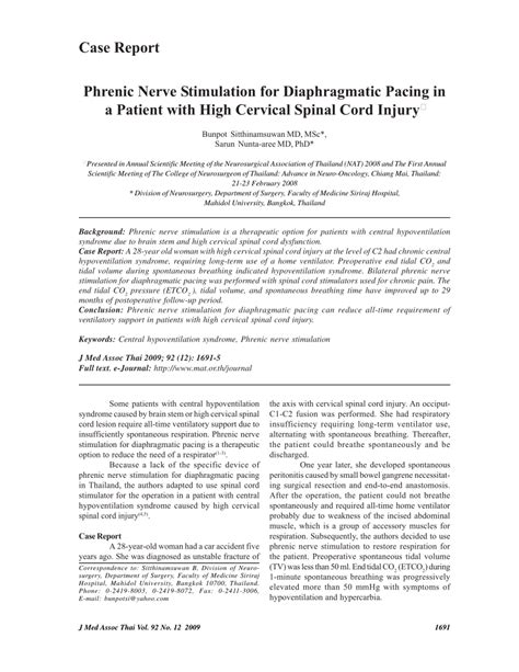 Pdf Phrenic Nerve Stimulation For Diaphragmatic Pacing In A Patient