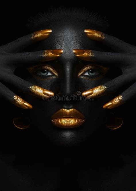 Beauty Woman Black Skin Color Body Art Gold Makeup Lips Eyelids Fingertips Nails In Gold Color