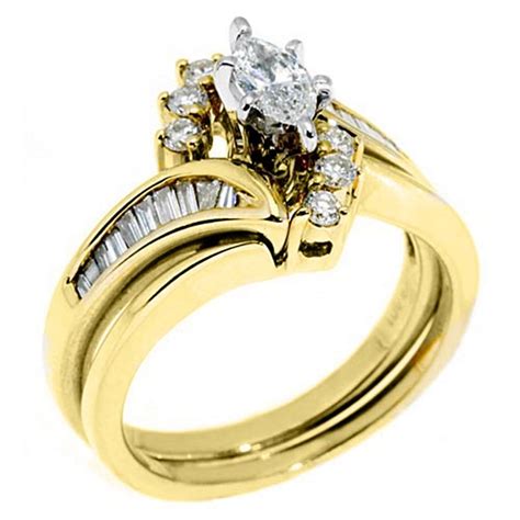 14k Yellow Gold 47 Carats Marquise Baguette And Round Diamond Engagement