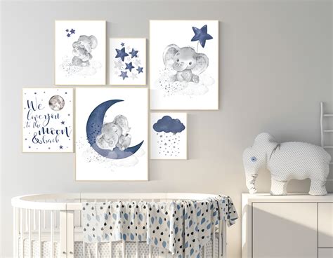 Nursery Decor Boy Elephant Nursery Wall Art Boy Navy Blue Moon And