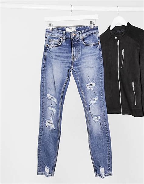 Bershka Super Skinny Jeans With Rips In Blue Asos