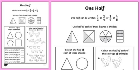 One Half Worksheet Maths Fractions Halves Activity