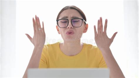 portrait of woman reacting to loss on laptop stock image image of problems crash 257574257