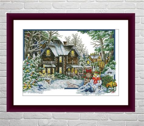 Winter Cottage Counted Cross Stitch Pattern Winter Landscape Etsy
