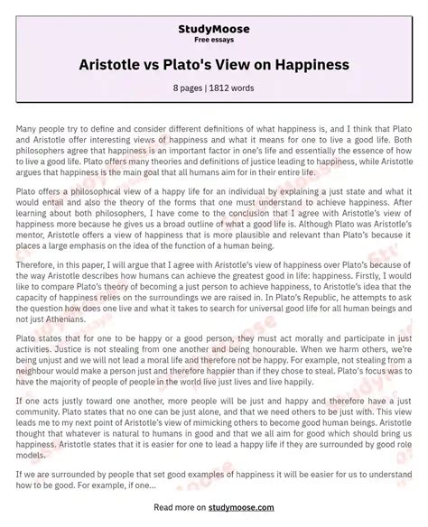 Comparison Of Aristotle S And Plato S Perspectives On Happiness Free Essay Example