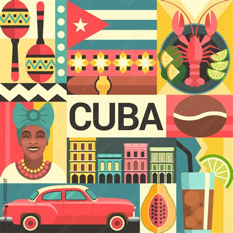 Cuba Travel Poster Concept Vector Illustration With Cuban Culture And Food Icons Including