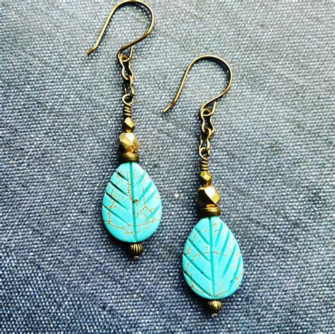 Antique Brass Turquoise Czech Leaf Earrings Antique Brass And Etsy