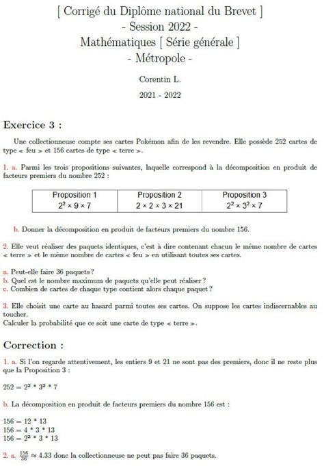 Corrigé Du Diplôme National Du Brevet Session 2022 Mathématiques