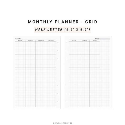 Monthly Planner Printable Minimalist Planner Half Size Half Etsy