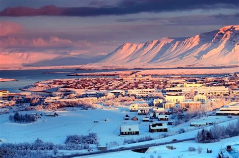 Iceland Reykjavik Town Capital Houses Winter Snow Tree Mountain River