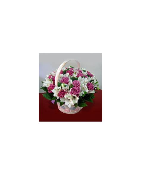 Flower Basket With Pink Roses And White Alstromerias Greenery Ribbon