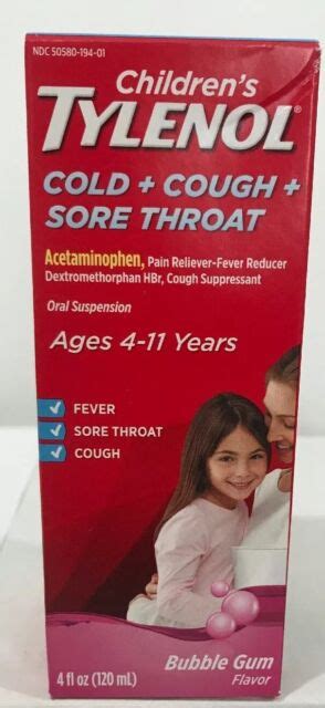 Childrens Tylenol Cold Cough Sore Throat Medicine Bubblegum Flavor