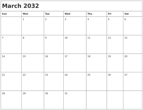 May 2032 Blank Printable Calendar