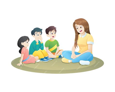 Premium Vector Teacher And Little Kids Sitting On Soft Carpet And