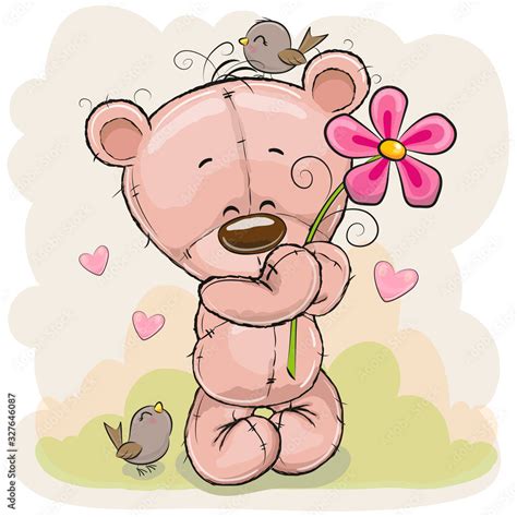 Cartoon Teddy Bear With Flower Stock Vector Adobe Stock