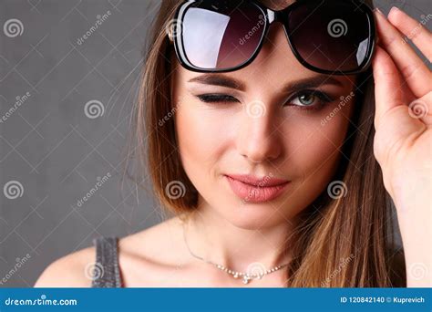 Beautiful Young Smiling Brunette Girl Wearing Sunglasses Stock Photo