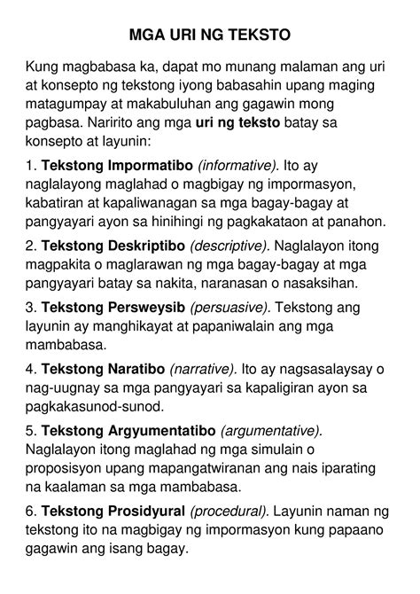 Ggkkllji Mga Uri Ng Teksto Kung Magbabasa Ka Dapat Mo Munang Malaman Ang Uri At Konsepto