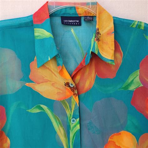 liz claiborne womens blouse medium blue orange sheer oversized button front nice ebay