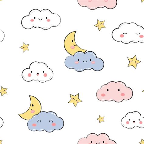 Cute Cloud Moon And Star White Sky Cartoon Doodle Seamless Pattern