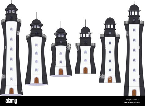 Vector Flat Outline Lighthouse Light House Beacon Set Stock Vector