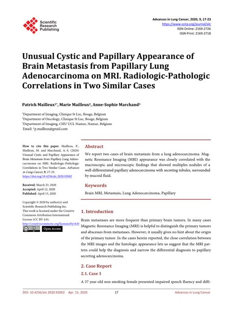 Pdf Unusual Cystic And Papillary Appearance Of Brain Metastasis From