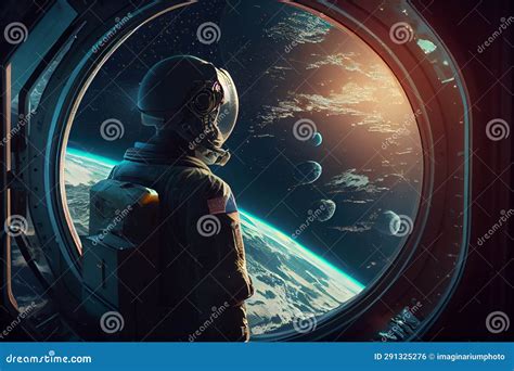 Astronaut Looking Out From The Spaceship Window In The Space With