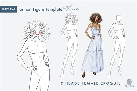 Female Fashion Croquis Template 9 Heads Fashion Figure Curly Hair