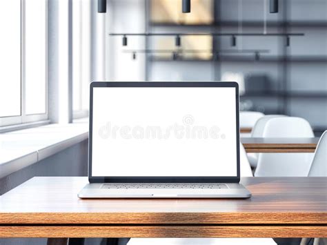 Modern Laptop With Blank Screen On The Wooden Table 3d Rendering