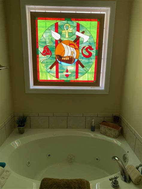 17.7 by 78.7 no adhesive glass window decor for bathroom kids room sliding door. Viking Theme Stained Glass Bathroom Window For Privacy