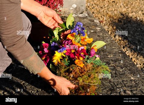 Ecological Funeral Making A Bouquet For An Interment France Stock