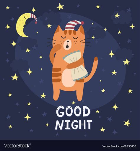 Good Night Card With A Cute Sleepy Cat Royalty Free Vector