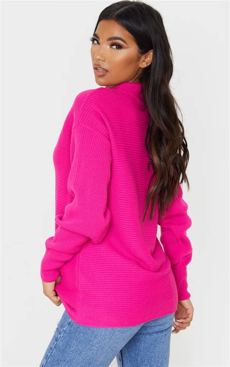 Hot Pink Full Sleeve Ribbed High Neck Jumper Prettylittlething Usa