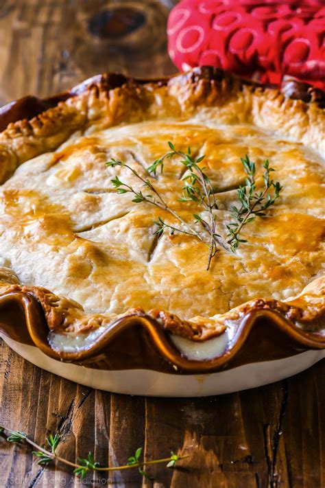 Chicken pot pie is traditionally made in a pie dish or a round dish with chicken, vegetables, gravy, and herbs in a pie crust. Double Crust Chicken Pot Pie - Sallys Baking Addiction