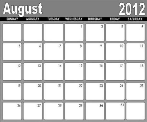 Calendar 2012 Free Printable August Calendar 2012
